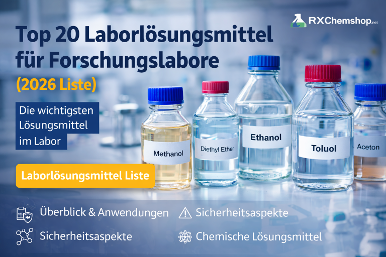 Overview of important laboratory solvents in labeled glass bottles on a modern laboratory table – Presentation of a laboratory solvent list for research and chemistry