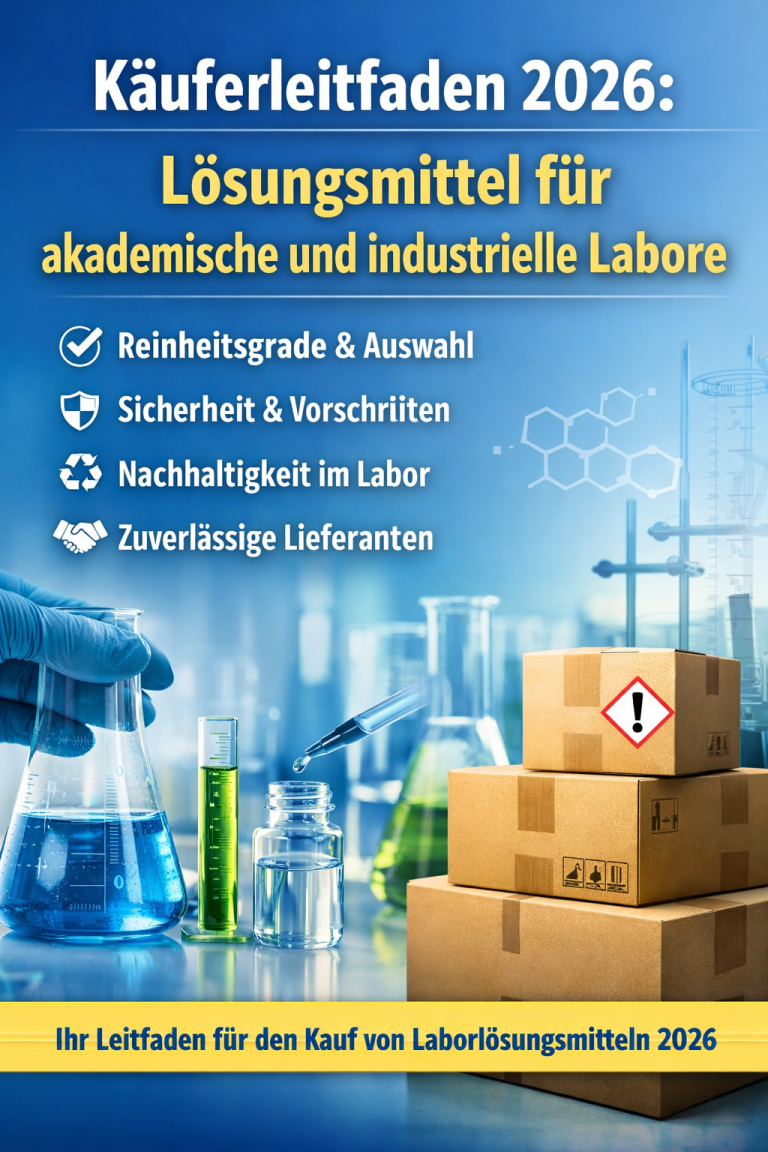 Infographic of the Guide to the Purchase of Laboratory Solvents with an overview of purity levels, safety aspects and selection criteria for academic and industrial laboratories
