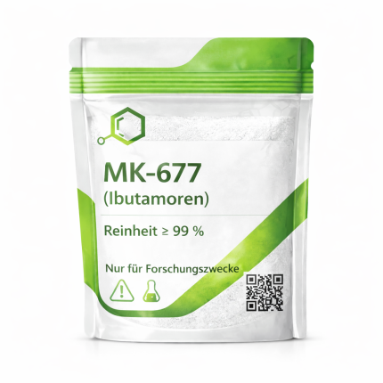 Packaging of MK-677 (Ibutamoren) powder with ≥99% purity labelled as research chemical for research purposes only, white powder in resealable bag