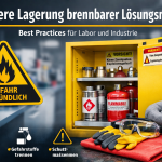 Sichere Lagerung von Lösungsmitteln im Labor mit Sicherheitsschrank, Belüftungssystem und gekennzeichneten Chemikalien gemäß deutschen Vorschriften