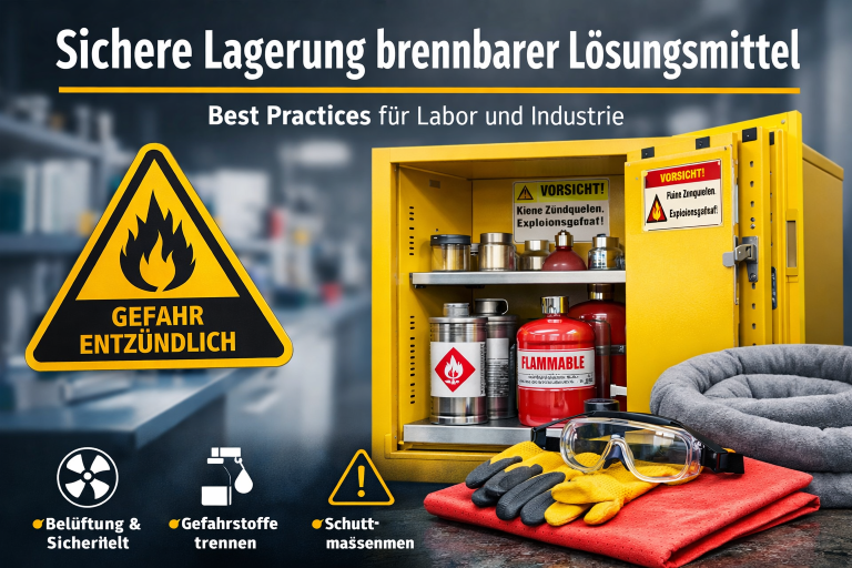 Safe storage of solvents in the laboratory with safety cabinet, ventilation system and labelled chemicals according to German regulations